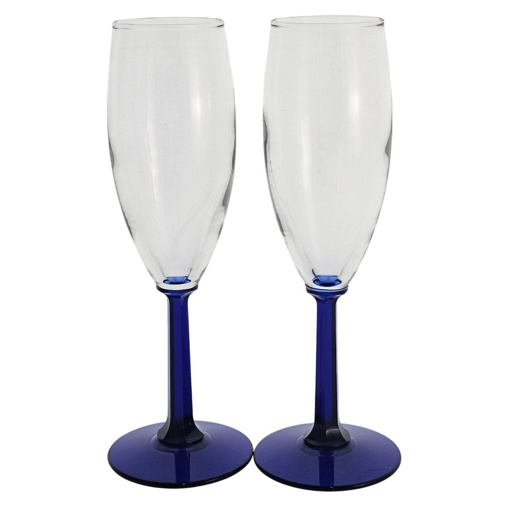 2 Cristal DArques Cobalt Blue Champagne Flutes 7" stem color square